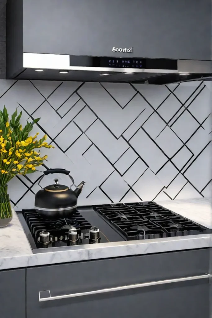 Contemporary kitchen with bold geometric backsplash