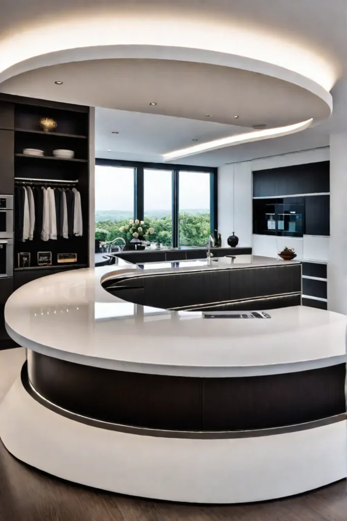 Contemporary kitchen with curved island and waterfall countertops
