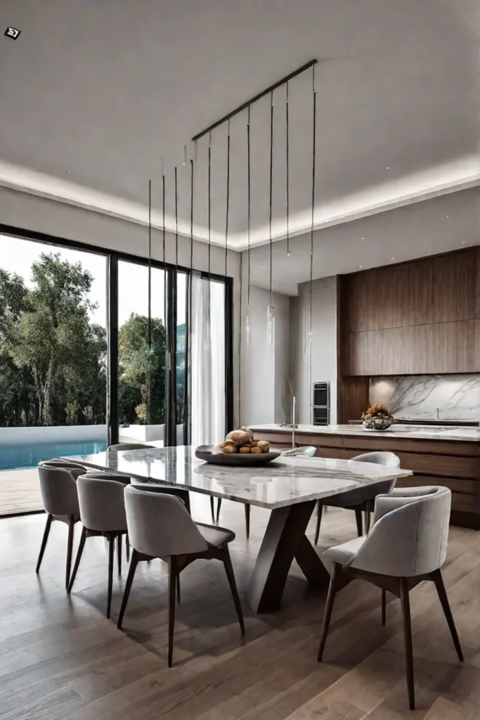 Contemporary kitchen with dining area and marble table