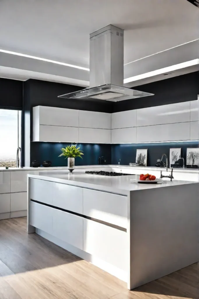 Contemporary kitchen with floating island and spacious layout
