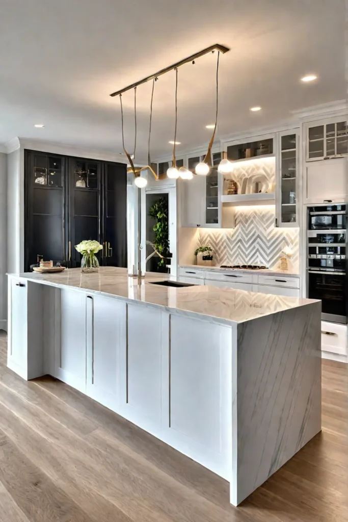 Contemporary kitchen with hardwood chevron flooring and marble island