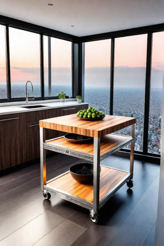 Contemporary kitchen with mobile kitchen cart for added workspace