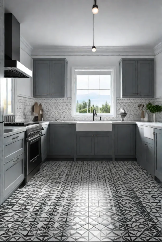 Contemporary kitchen with patterned tile floor