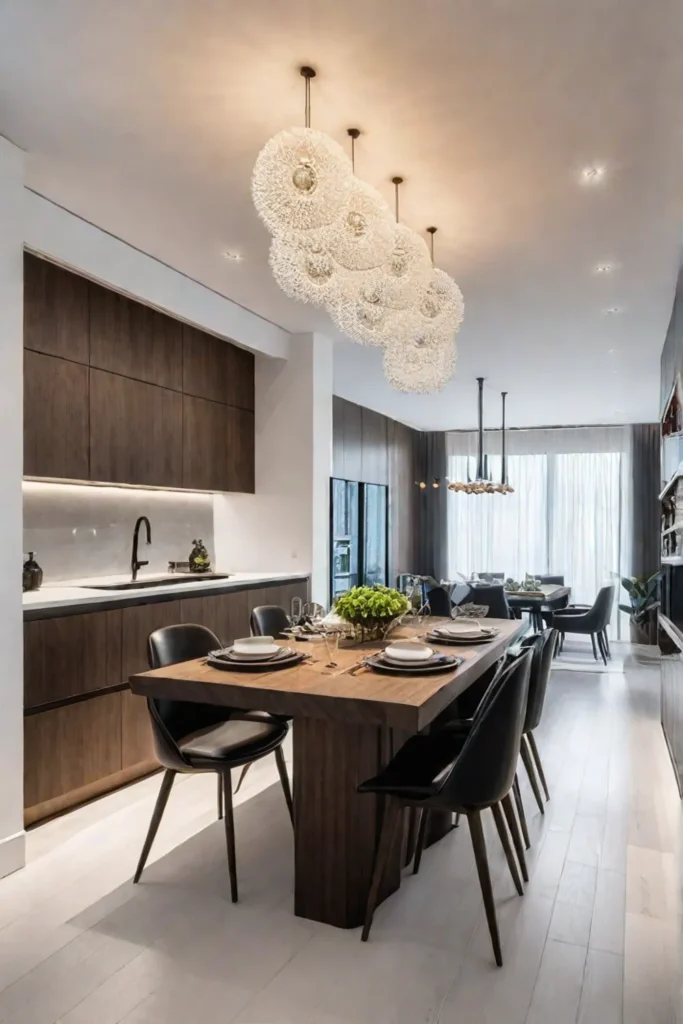 Contemporary kitchen with sculptural pendant light as a focal point
