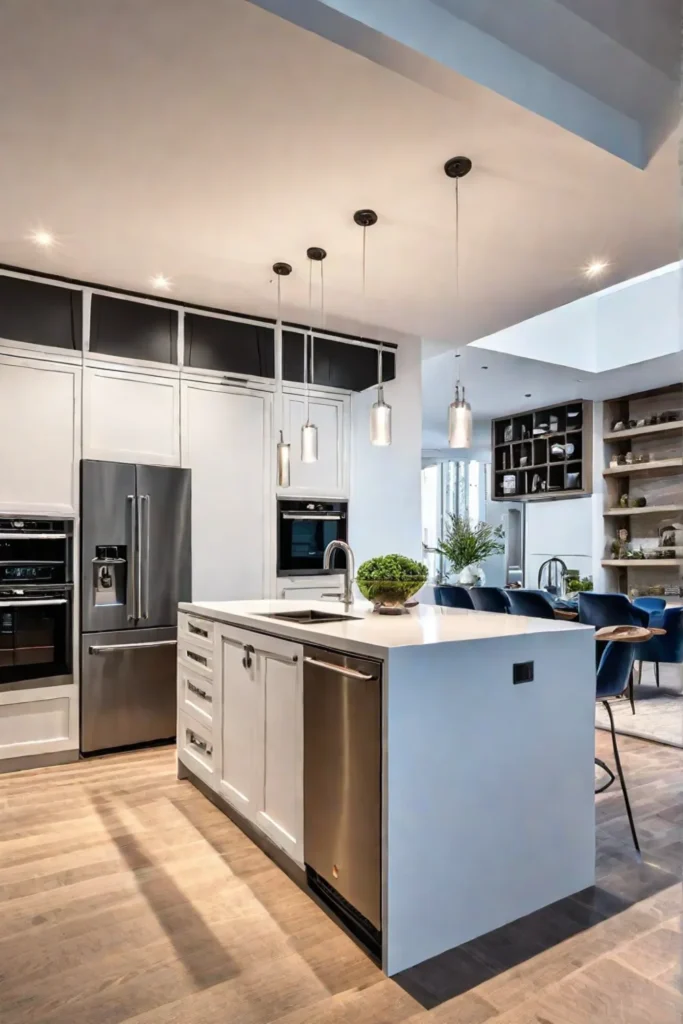 Contemporary kitchen with seamless flow between cooking dining and living areas