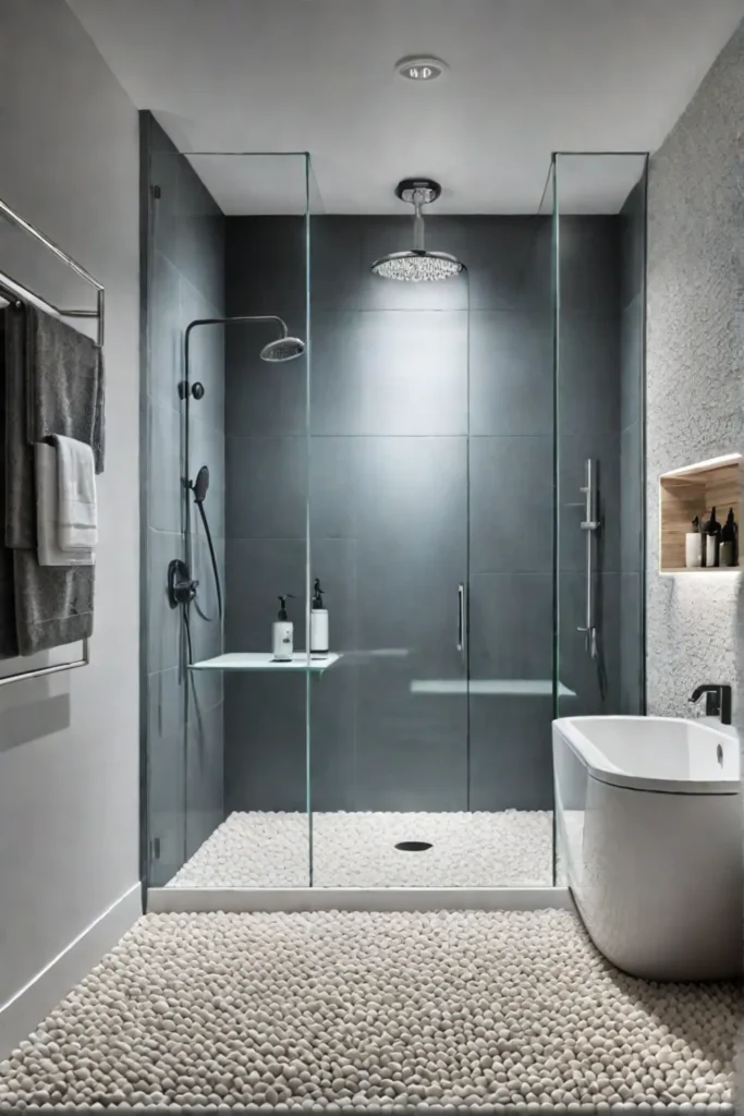 Contemporary shower with pebble tile floor