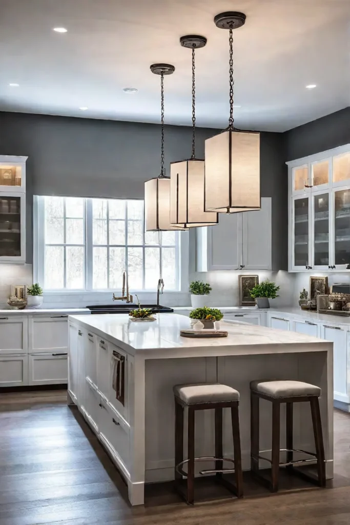 Contemporary white kitchen with island and pendant lighting