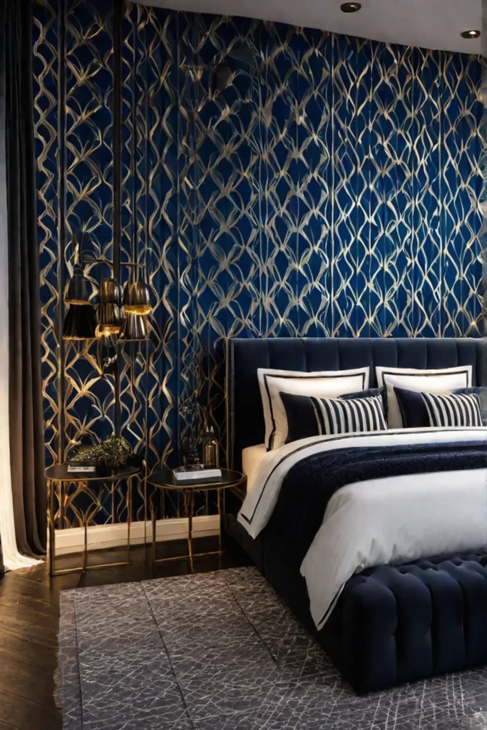 Contemporary bedroom with geometric patterns and removable wallpaper