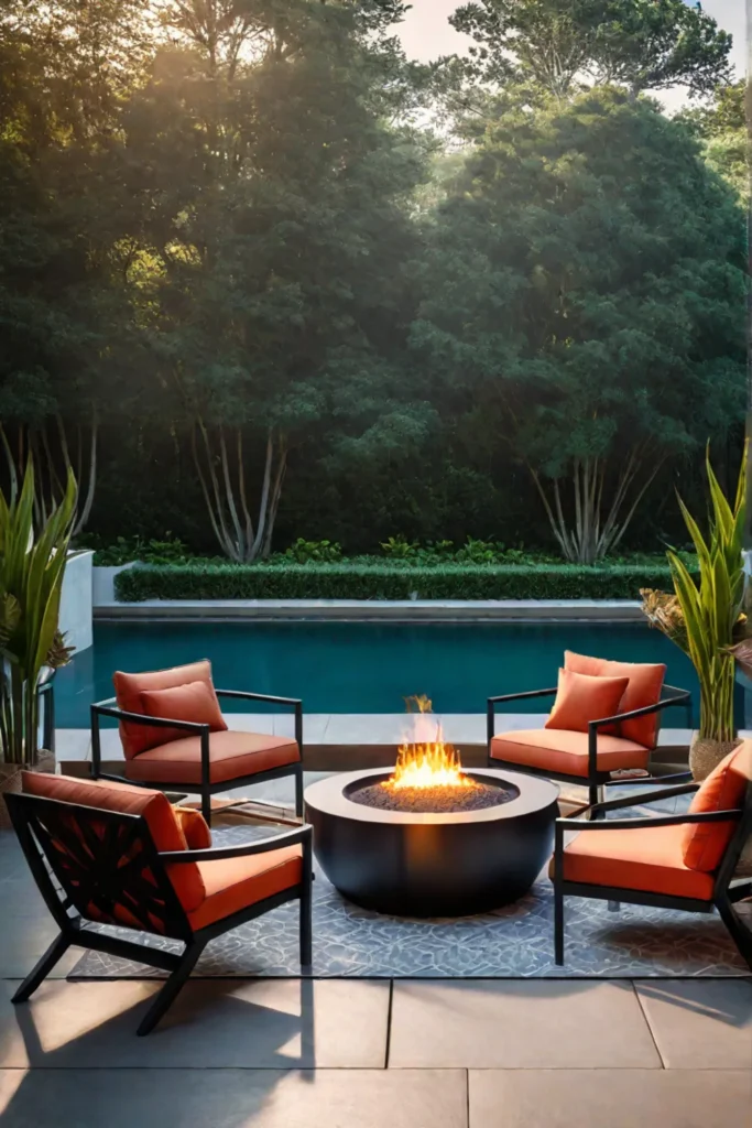 Contemporary outdoor space with fire feature and seating