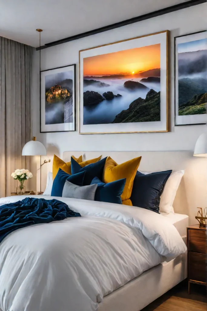 Cozy bedroom with framed landscape painting