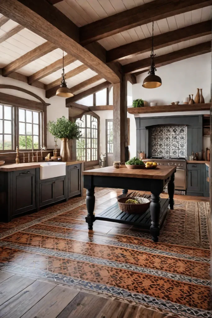 Cozy cottage kitchen with wood and tile flooring combination