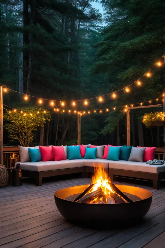 Cozy deck with string lights lounge chairs and fire pit