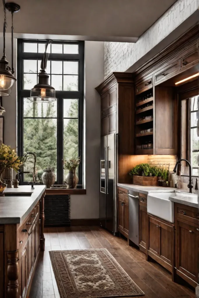 Cozy kitchen with wood cabinetry and brick backsplash
