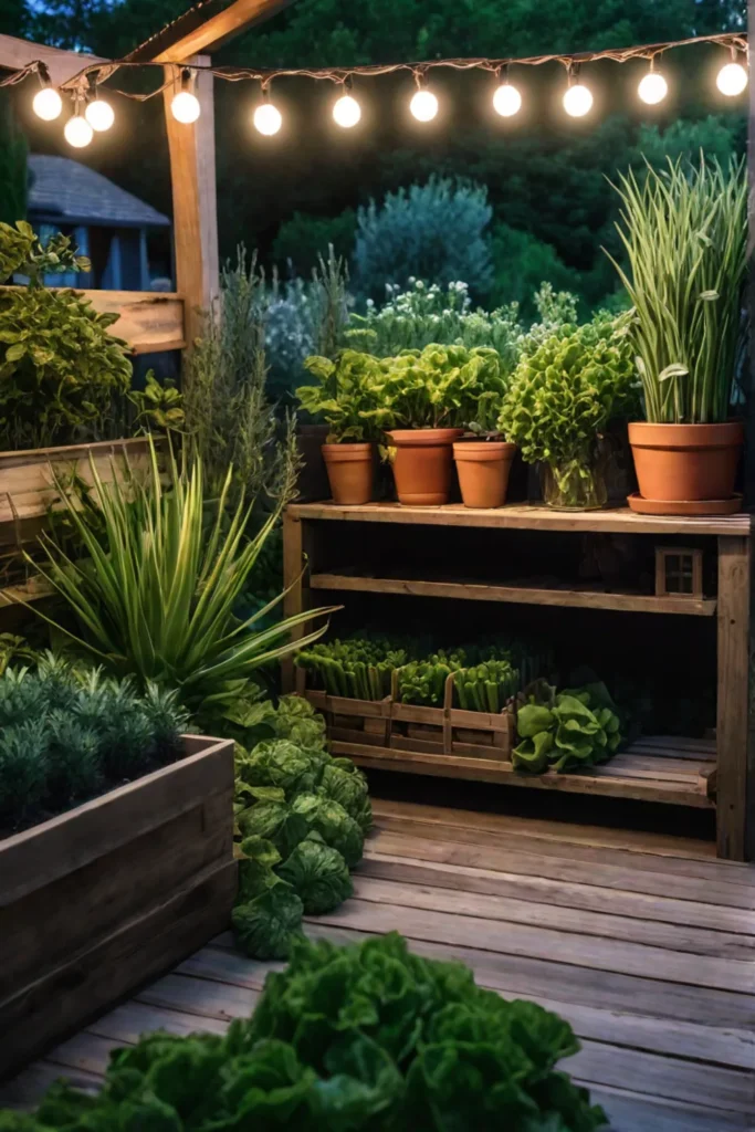 Cozy vegetable garden with raised beds a potting bench and string lights