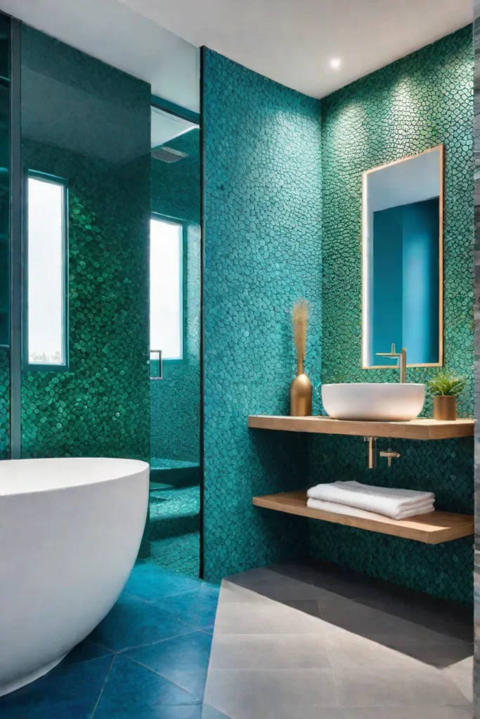 Cozy bathroom with blue and green mosaic tiles creating a textured backdrop