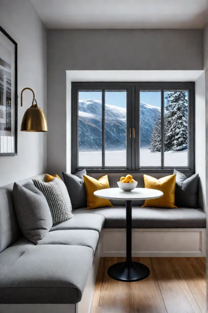 Cozy breakfast nook in a Scandinavian kitchen with snowy landscape view