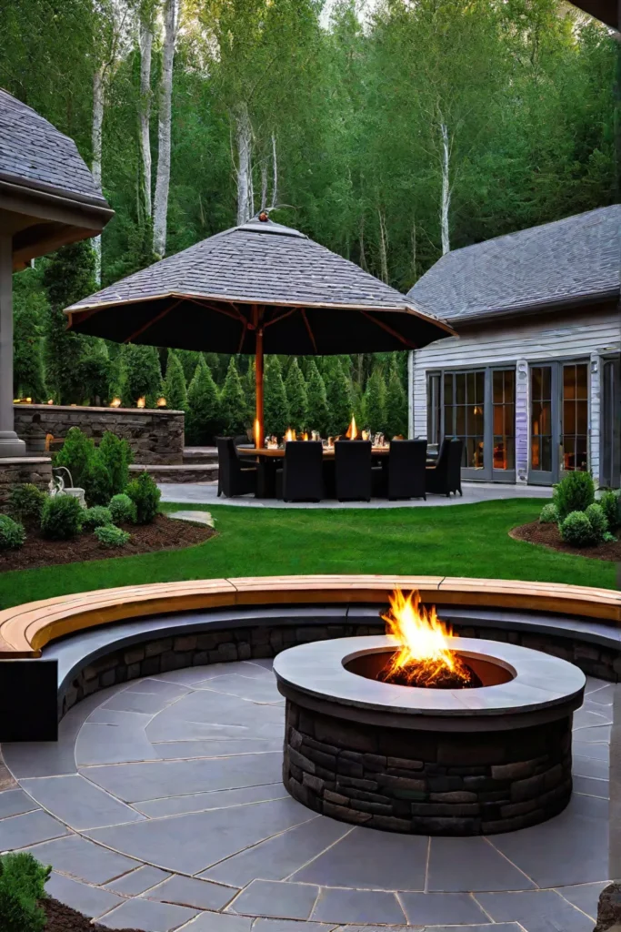 Curved deck with bench and fire pit