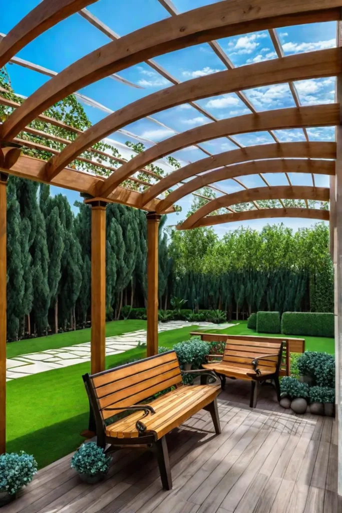 Curved deck with bench and pergola