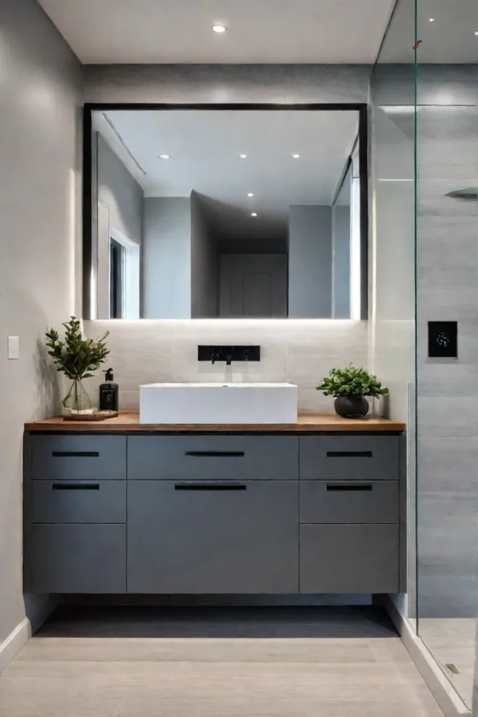 Custombuilt wooden cabinets provide ample storage in a modern bathroom with minimalist design