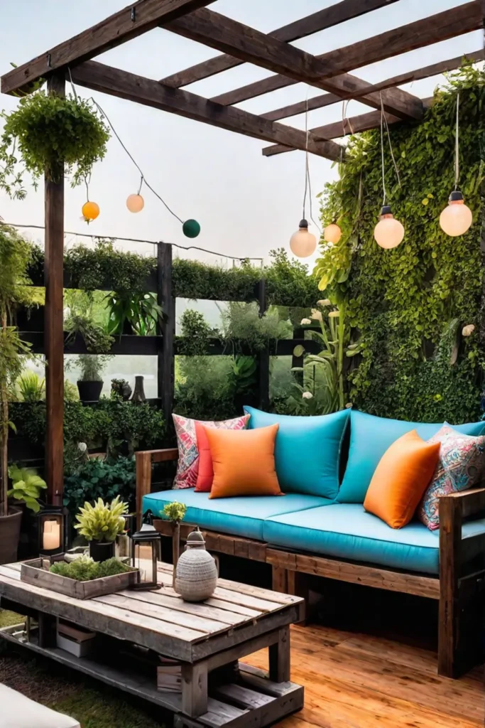 DIY_pergola_with_fairy_lights_and_pallet_furniture