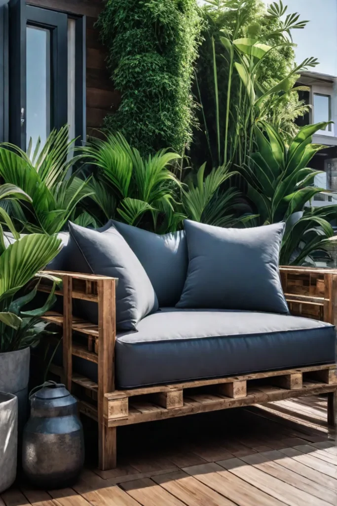 DIY planters and upcycled pallet furniture create a cozy porch seating area