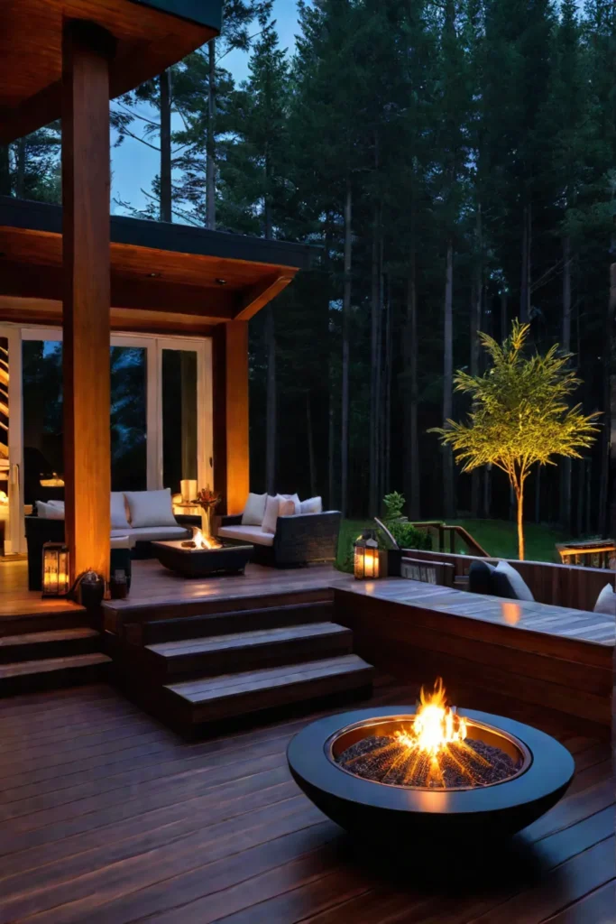 Deck with fire pit and lighting