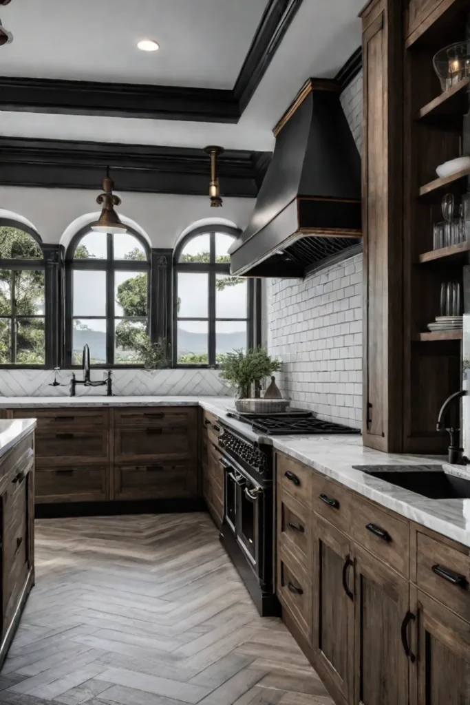 Distressed kitchen cabinets with black hardware