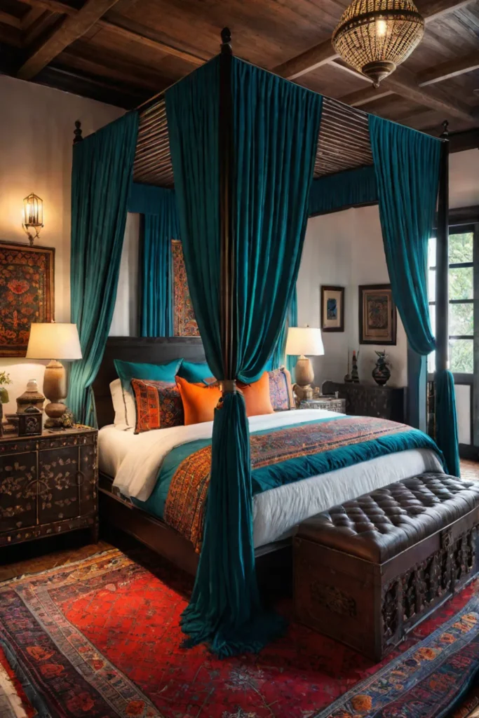 Eclectic bedroom with global influences and a fourposter bed