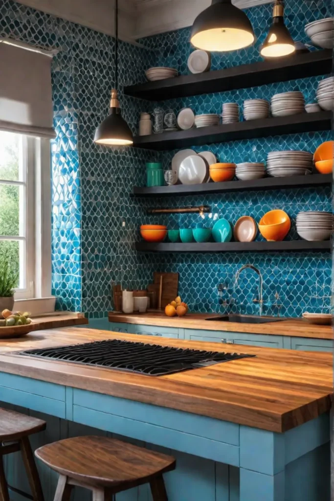 Eclectic kitchen countertop with colorful bowls and cutting boards