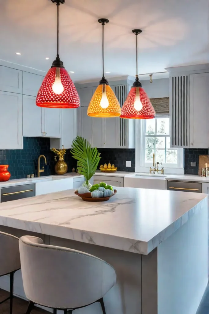 Eclectic kitchen with colorful glass pendant lights
