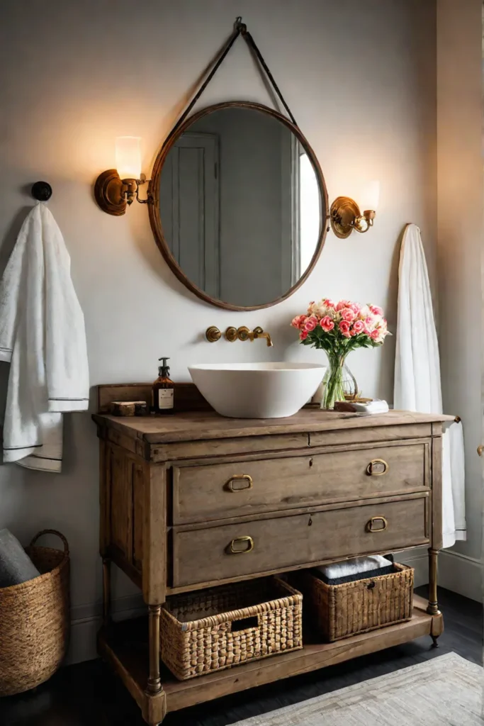 Eclectic bathroom design featuring a repurposed dresser for storage and a weathered mirror