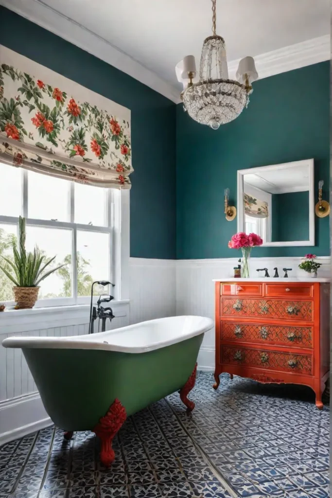 Eclectic bathroom with colorful patterned ceramic floor tiles and vintage tub
