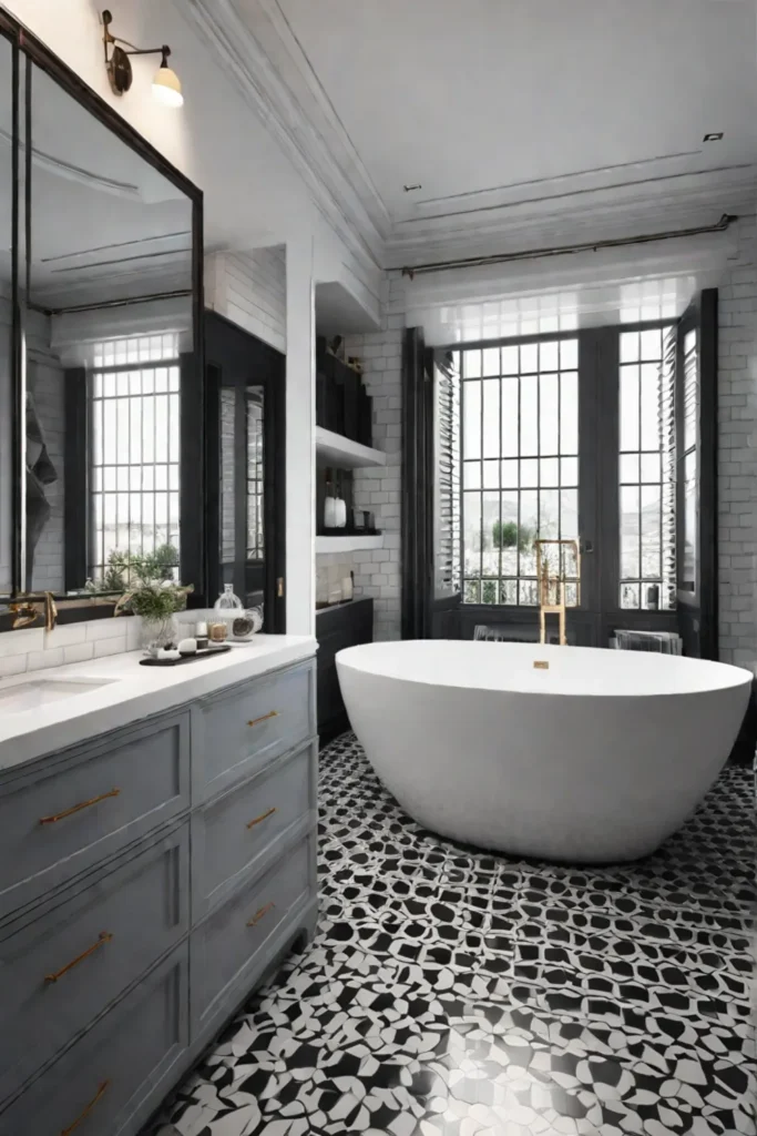 Eclectic bathroom with patterned floor tiles and neutral grout