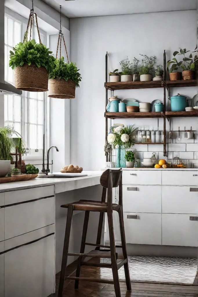 Eclectic kitchen with repurposed ladder pot rack