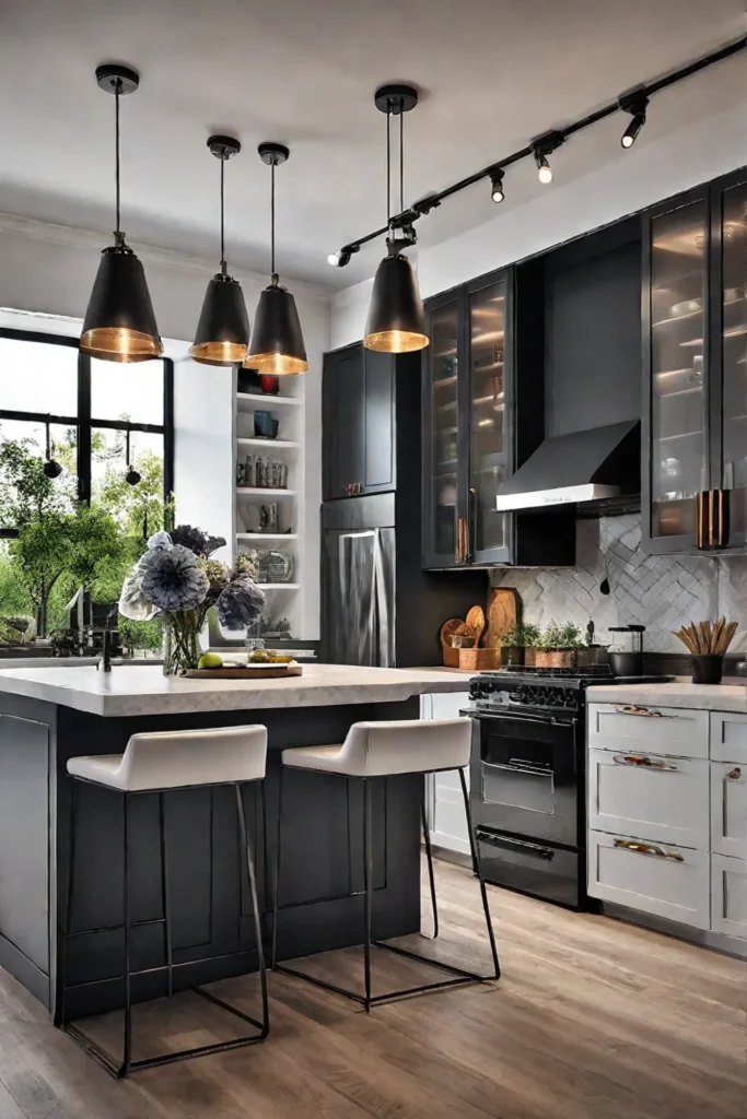 Eclectic small kitchen with colorful accents and a variety of pendant lights for visual interest