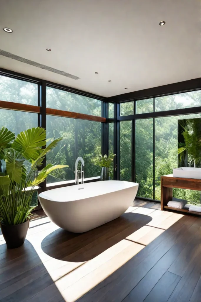 Ecofriendly master bathroom with natural light and recycled materials