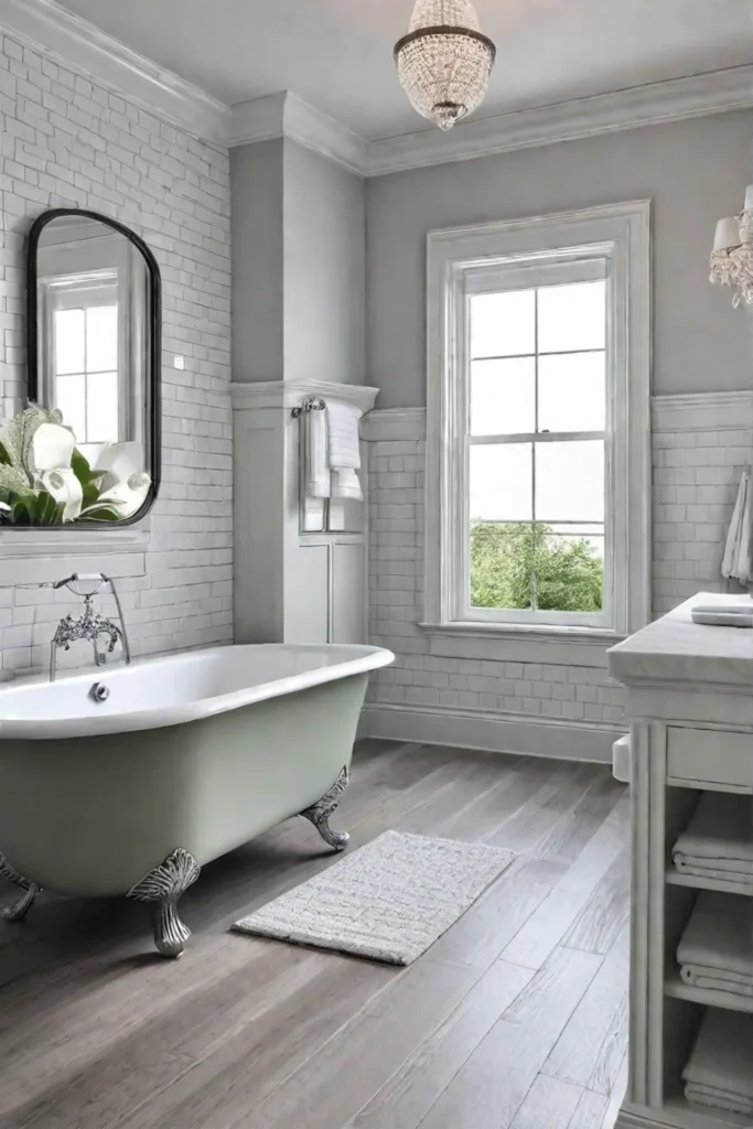 Edwardianstyle master bathroom with a pedestal sink clawfoot tub and white subway