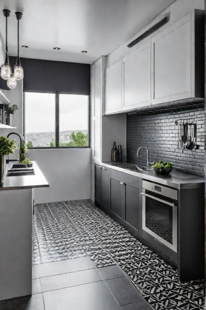 Efficient small kitchen with stainless steel counters and ample storage
