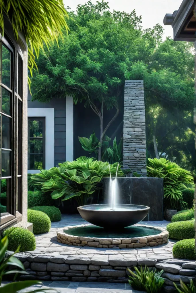 Elegant porch with a stone water fountain and greenery