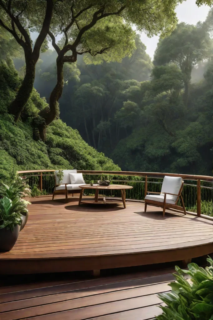 Elevated curved deck with seating and greenery