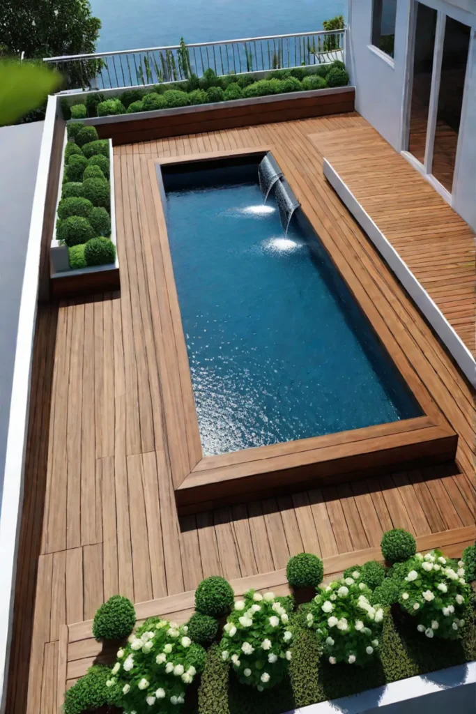 Elevated deck with planters and water feature