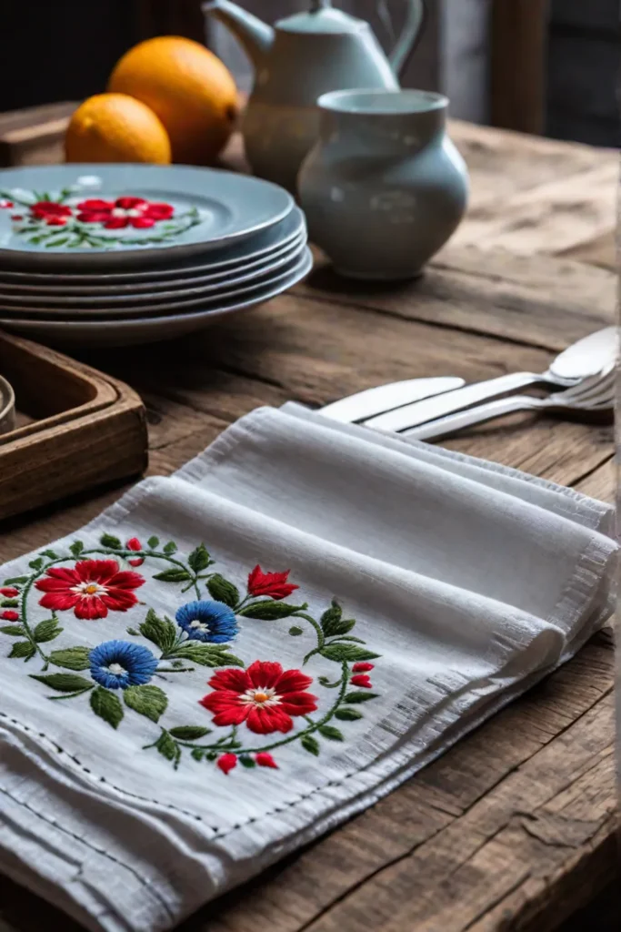 Embroidered linen napkins with Scandinavian patterns