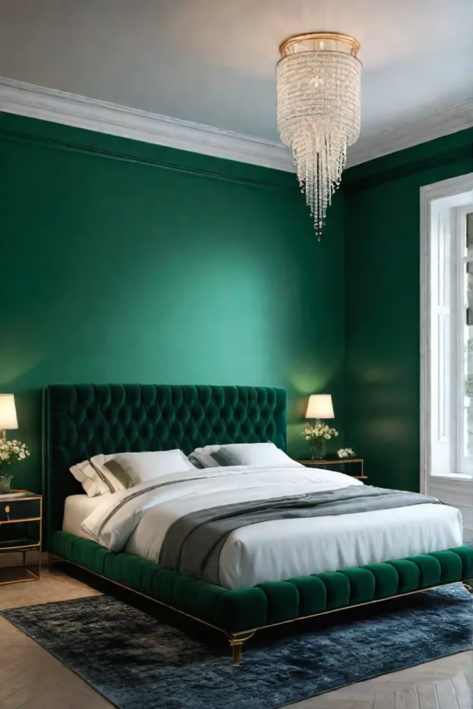 Emerald green accent wall as a striking statement in a bedroom