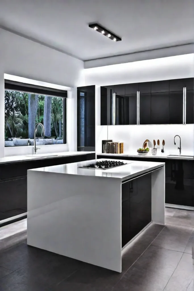 Energyefficient contemporary kitchen with LED undercabinet lighting smart refrigerator and lowflow faucet