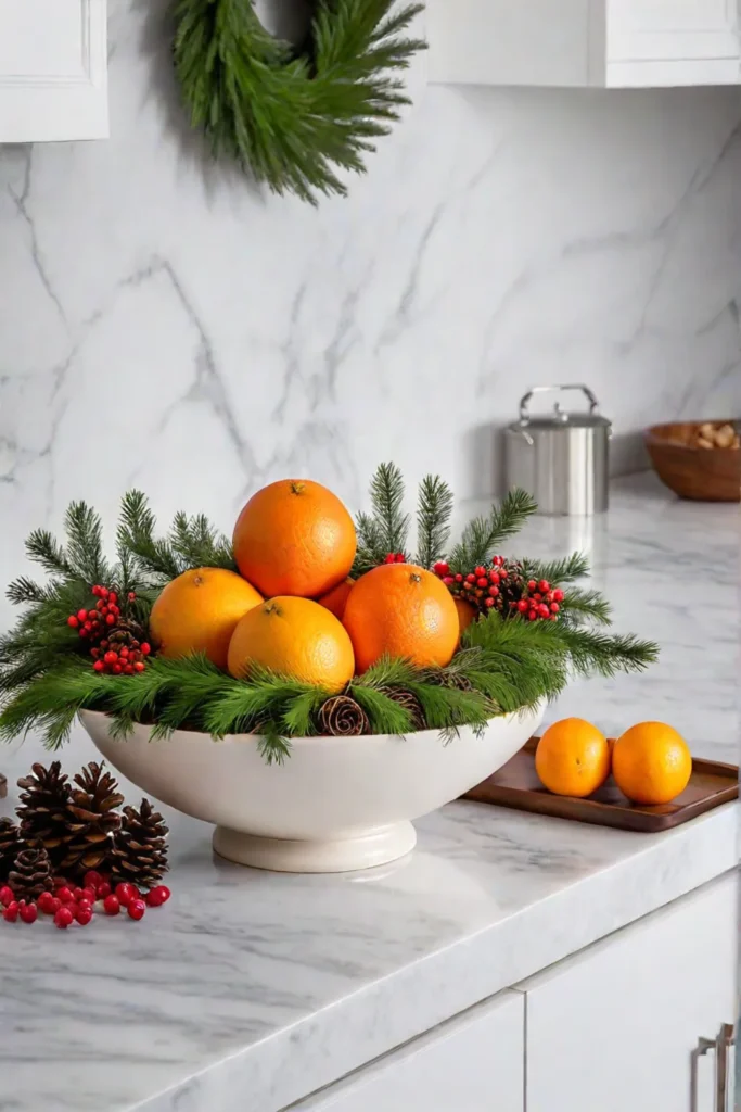 Evergreen garland and fruit bowl on a marble countertop