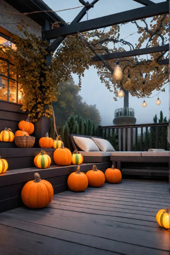 Fall porch decor featuring an array of pumpkins and gourds creating a festive autumnal display