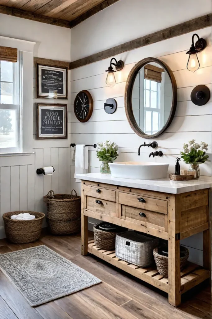 Farmhouse bathroom with a reclaimed wood vanity shiplap walls and vintage elements