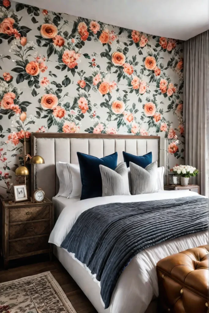 Farmhouse bedroom with floral fabric wall decor