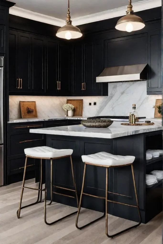 Farmhouse kitchen with black cabinets and marble countertop