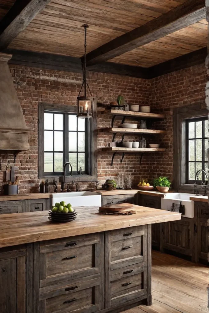 Farmhouse kitchen with distressed wood cabinets and brick backsplash